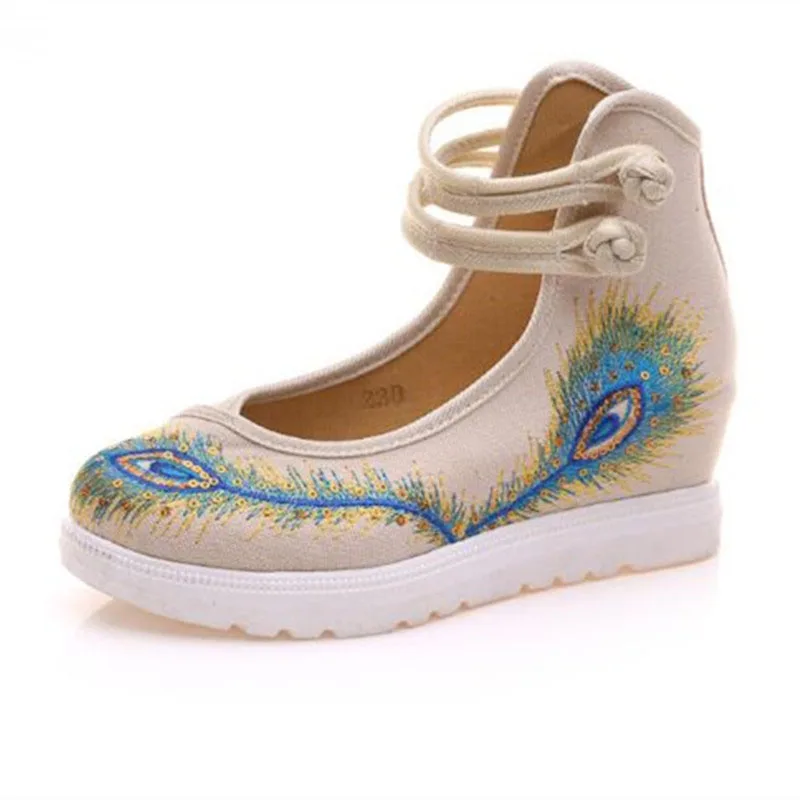 

Peacock Embroidery Women Shoes Old Peking Mary Jane Flat Heel Denim Flats Soft Sole Women Dance Casual Shoes Height Increase