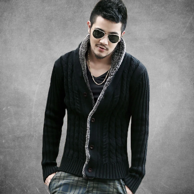 2016 new winter men knit cardigan sweater with fur collar