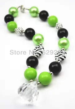 

10Pcs lot green&black color chunky bubble gum little girl's necklace ball shape CB068