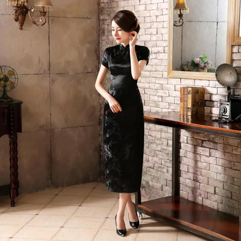 Черный, красный китайское традиционное платье Для женщин Cheongsam Qipao летние шорты рукавом длинное платье цветок размеры S M L XL XXL 3XL 020204