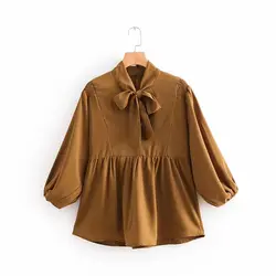 2018 новый коричневый Для женщин блузка Мода воротник-бант Рубашки на весну-осень женские элегантные Повседневное Топы C blusas mujer de moda