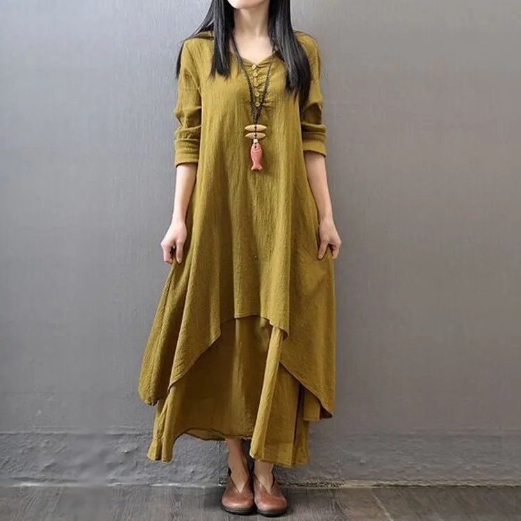 

2019 Plus Size HANIBABA Women Dress Two-pieces Robe Solid Casual Vintage Long Sleeve Linen Loose Party Long-Shirt Dress Vestidos