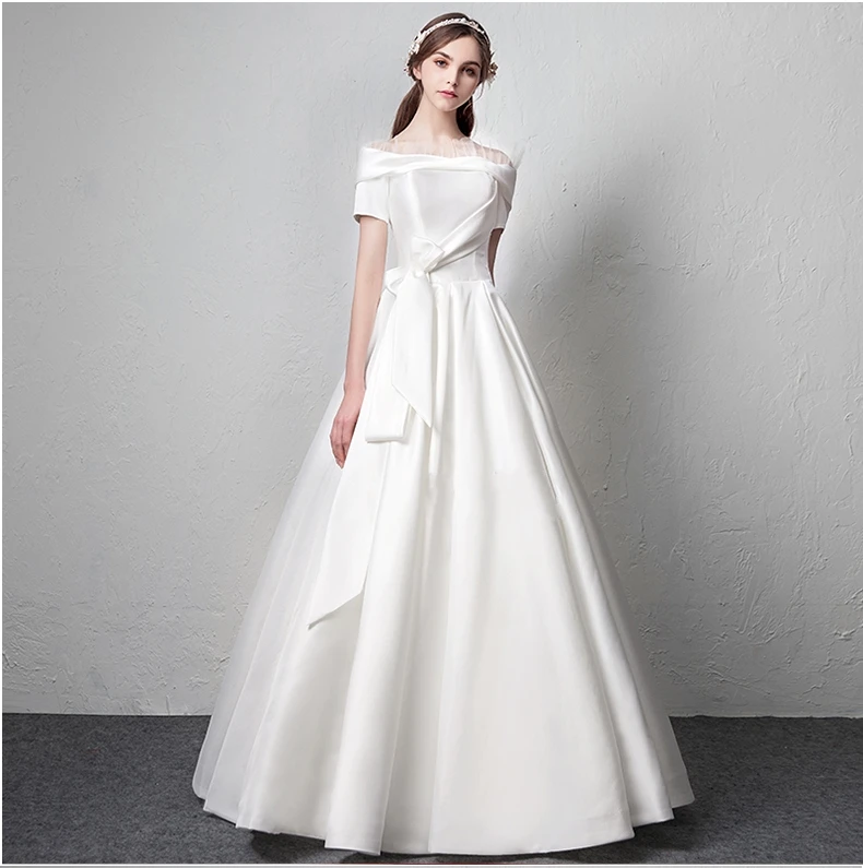 Элегантное атласное с вырезом лодочкой Vestidos De Novia плиссированное свадебное