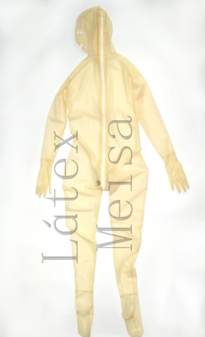 Изготовленный из 0,3 мм натурального прозрачного мужского БДСМ латекса облегающий наряд для бондажа включает презерватив и капюшон и Прикрепленный сзади молния к промежности