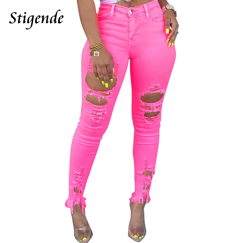 Модные рваные джинсы-скинни Stigende Женские повседневные джинсы стрейч с высокой талией женские сексуальные выдалбливающиеся джинсовые брюки с карманами