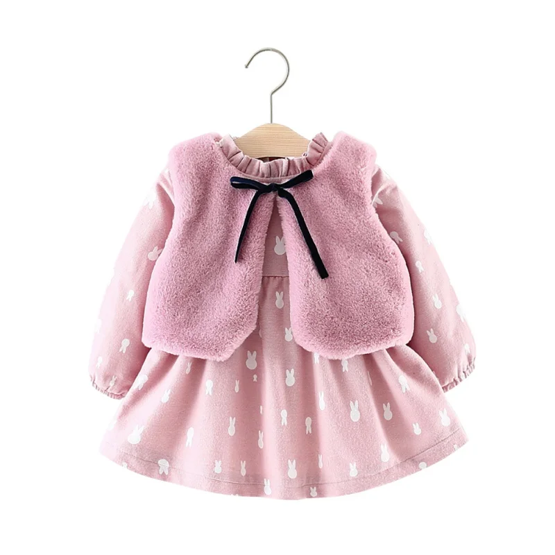 Baby Girl Clothes Set Autumn Winter Cotton Cute Print Long Sleeve Dress Plush Vest 2PCS Set Fashion