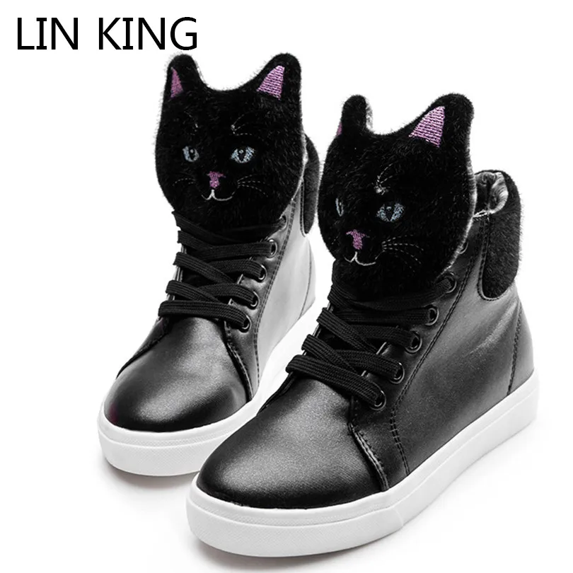 

LIN KING Fashion Pu Cat Women Casual Shoes Thick Sole High Top Short Shoes Lace Up Outdoor Sneakers Ladies Height Increase Shoes