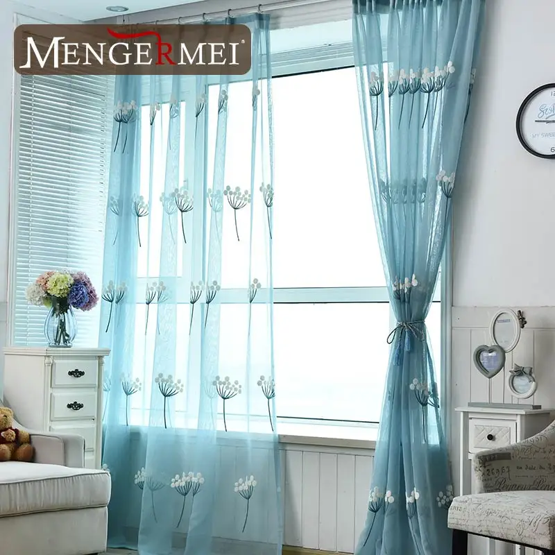 

MENGERMEI Simple Floral Embroidered Curtains Voile Blue Curtains Tulle Window Treatment for Living Room 15