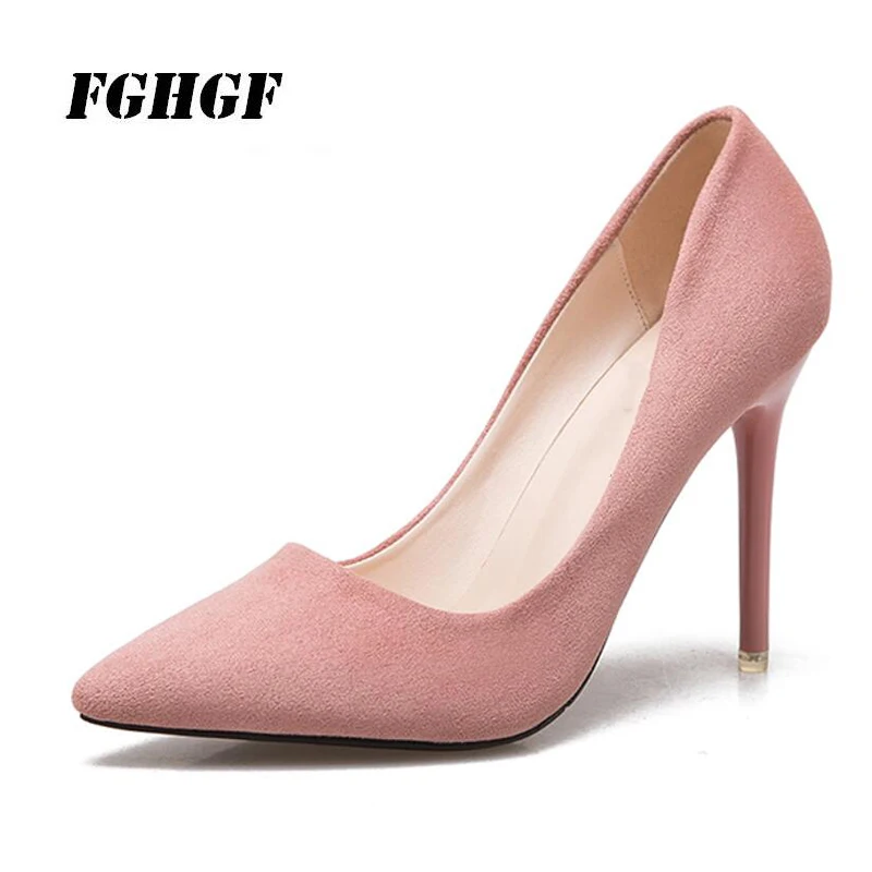 

New pink shoes heel pointed professional ol work shoes women's shoes lighter joker suede and comfortable shoes size 34-40