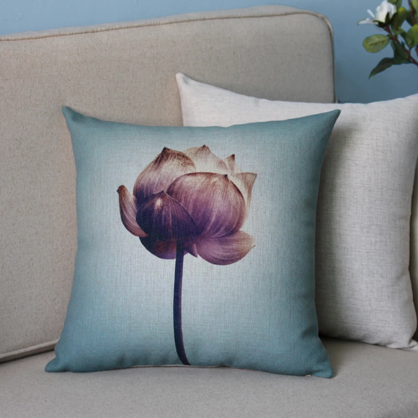 High quality decorative pillows Chinese style lotus Print Minimalist Linen Cotton throw pillows