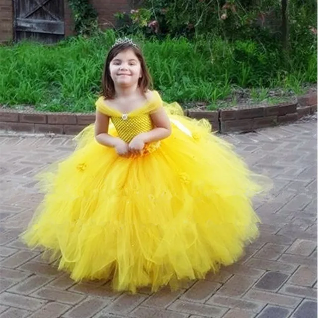 New Girls Yellow Princess Tutu Dress Kids Crochet Flower Tail Dress ...