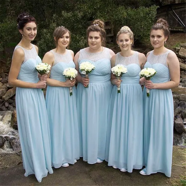 Special Price Light Blue Lace Chiffon Bridesmaid Dresses A Line Scalloped Neck Floor Length Simple Long Wedding Party Dress Cheap Custom Made Special Price Light Blue Lace Chiffon Bridesmaid Dresses A Line Scalloped Neck Floor Length Simple Long Wedding Party Dress Cheap Custom Made
