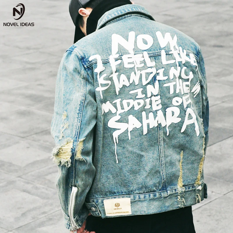 

Novel ideas Jeans Jacket Men 2017 winter Streets DOODLE Long sleeve Hole Jeans Coat Men Street locomotive Hip Hop Jeans Jackets