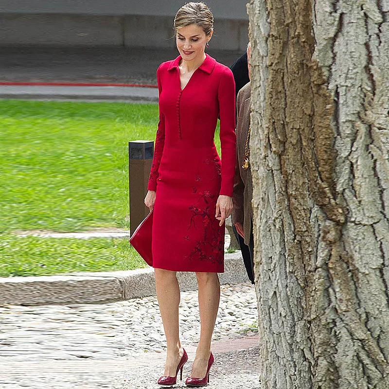 

Letizia High Quality 2019 Spring New Women'S Fashion Party Workplace Vintage Elegant Chic Long Sleeve Red Embroidered Dress