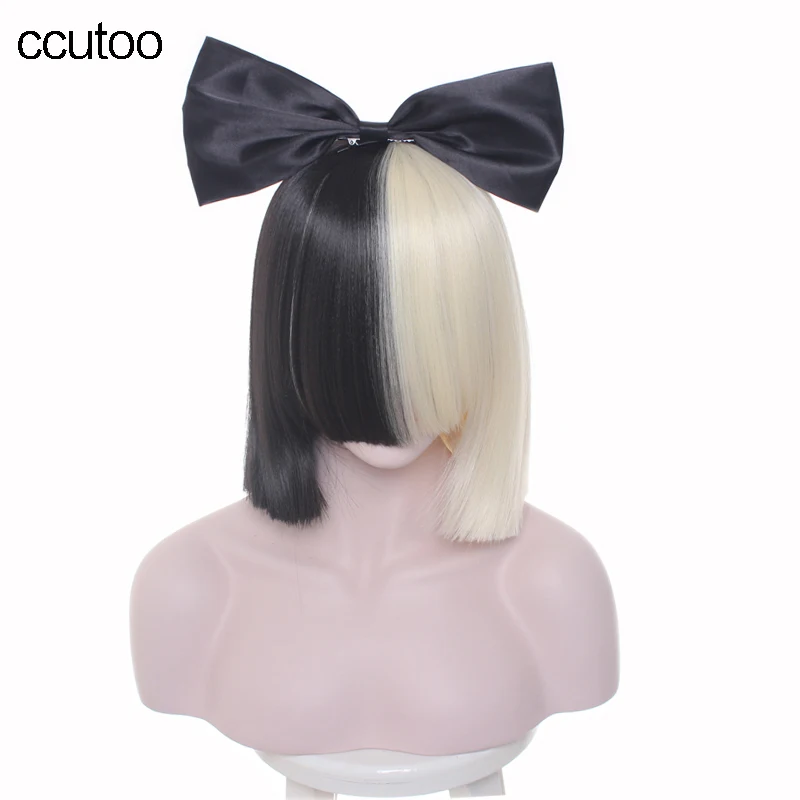 Ccutoo 38 см SIA Женские Половина черный и белый Короткие Bobo Синтетический волос Полный Удары Термостойкость Косплей + лук