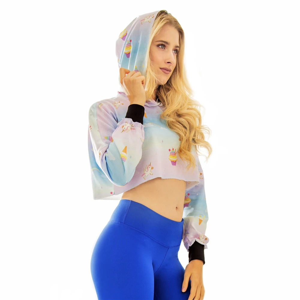 

Fashion Women Hooded Outwear Sweet Printing Sexy Short Pullover Stitching Casual Navel Cropped Hoodies Sweatshirt