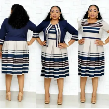 

African Women Longsleeve Jacket+Dress 2pcs Clothing Sets Plus Size 5XL Mom Wear Stripe Suit African Female Sets
