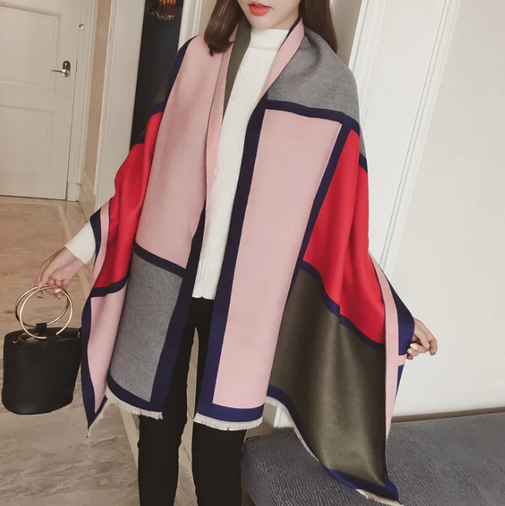 Chanycore Colorblock bow Fashion Winter scarf cashmere pashmina women scarfs Colorblock double-sided warm thick shawl for ladies