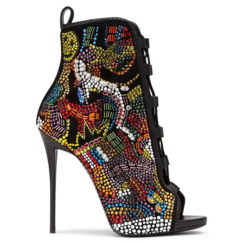 Women Multi-color Crystal Ankle Boots Open Toe Lace-up Exquisite Colorized Rhinestone Booties Extremely High Heels Wedding Shoes