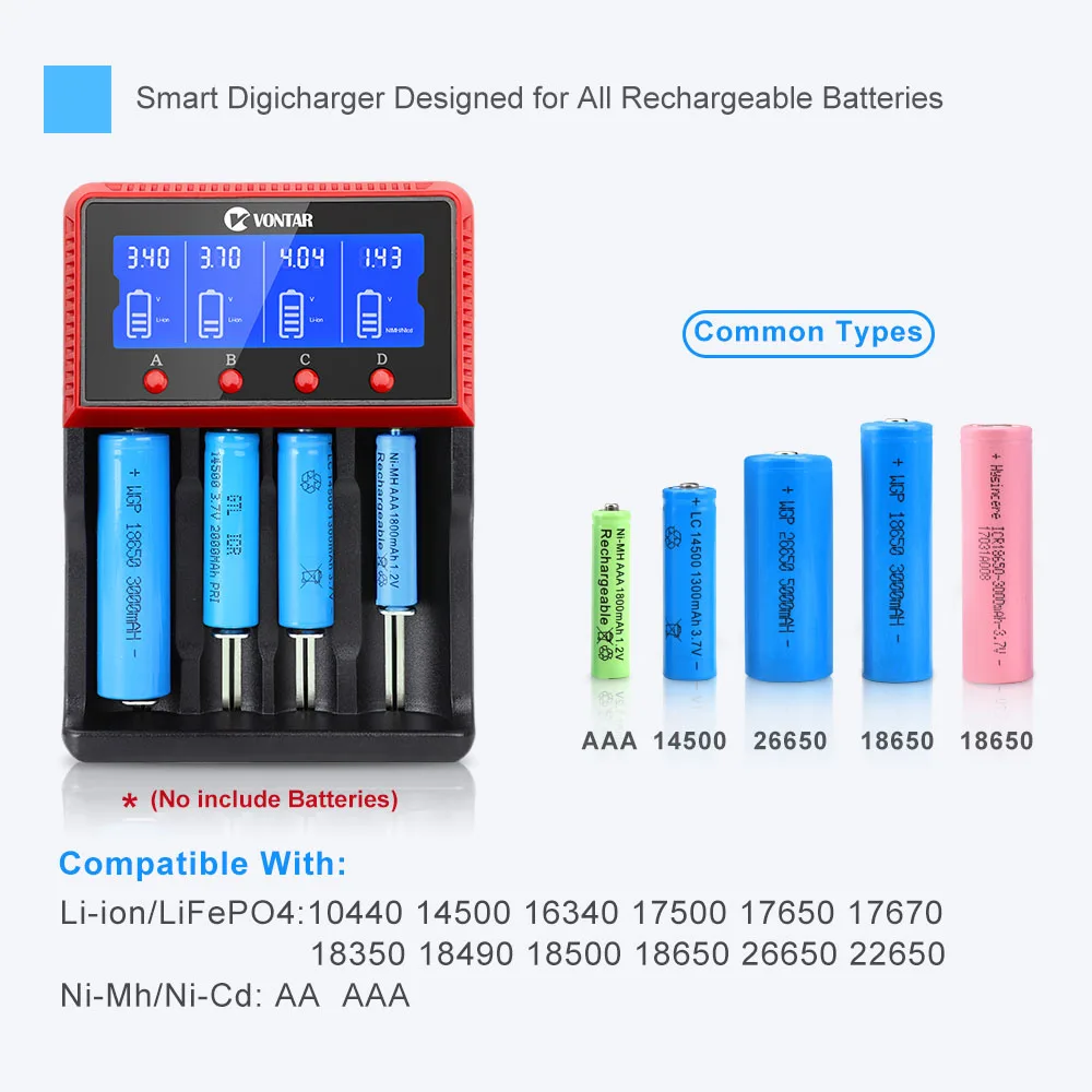 VONTAR VT4 4 слота ЖК-дисплей Батарея Зарядное устройство Перезаряжаемые Батарея для никель-металл-гидридных аккумуляторов Ni-CD LiFePo4 AA AAA 26650 14500 22650 18650 PK D4 D2