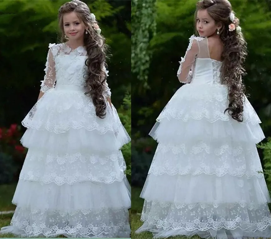 Новинка; белое платье с объемными цветами для девочек; Многослойная кружевная горловина; бальное платье; праздничное платье для девочек; рождественское платье для причастия; платье на день рождения