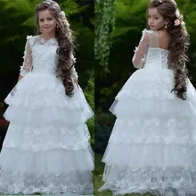 Новинка; белое платье с объемными цветами для девочек; Многослойная кружевная горловина; бальное платье; праздничное платье для девочек; рождественское платье для причастия; платье на день рождения