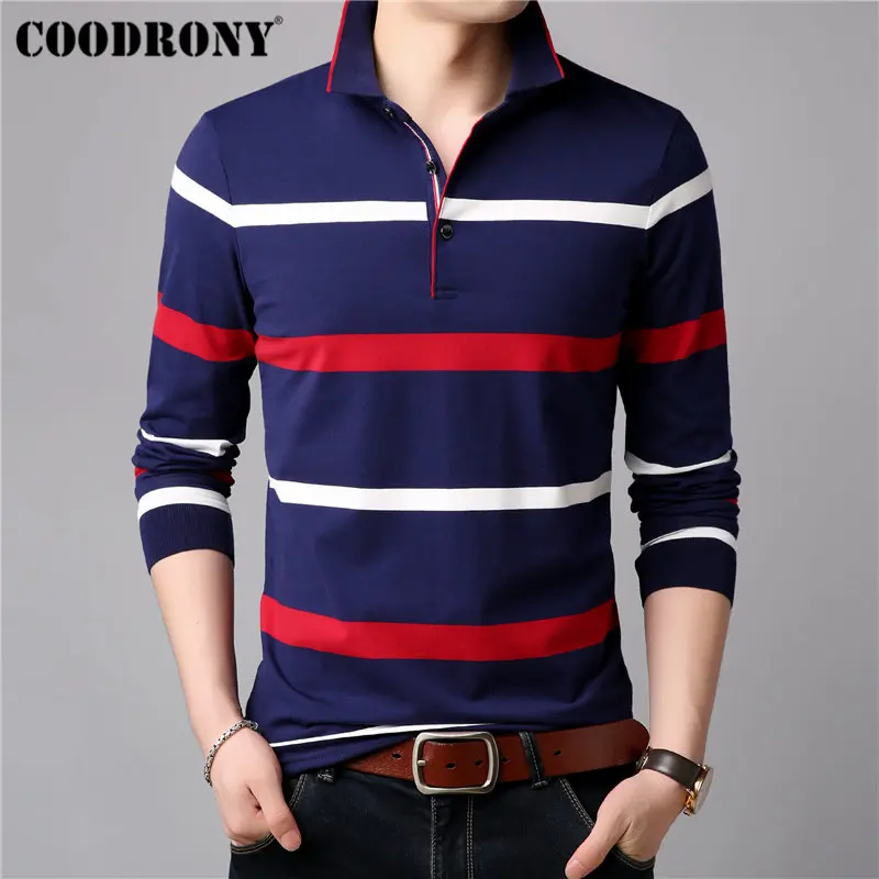 COODRONY футболка с длинным рукавом для мужчин Уличная футболка мягкая хлопковая Футболка Homme полосатая Повседневная футболка с отложным воротником мужская 95011 - Цвет: Красный
