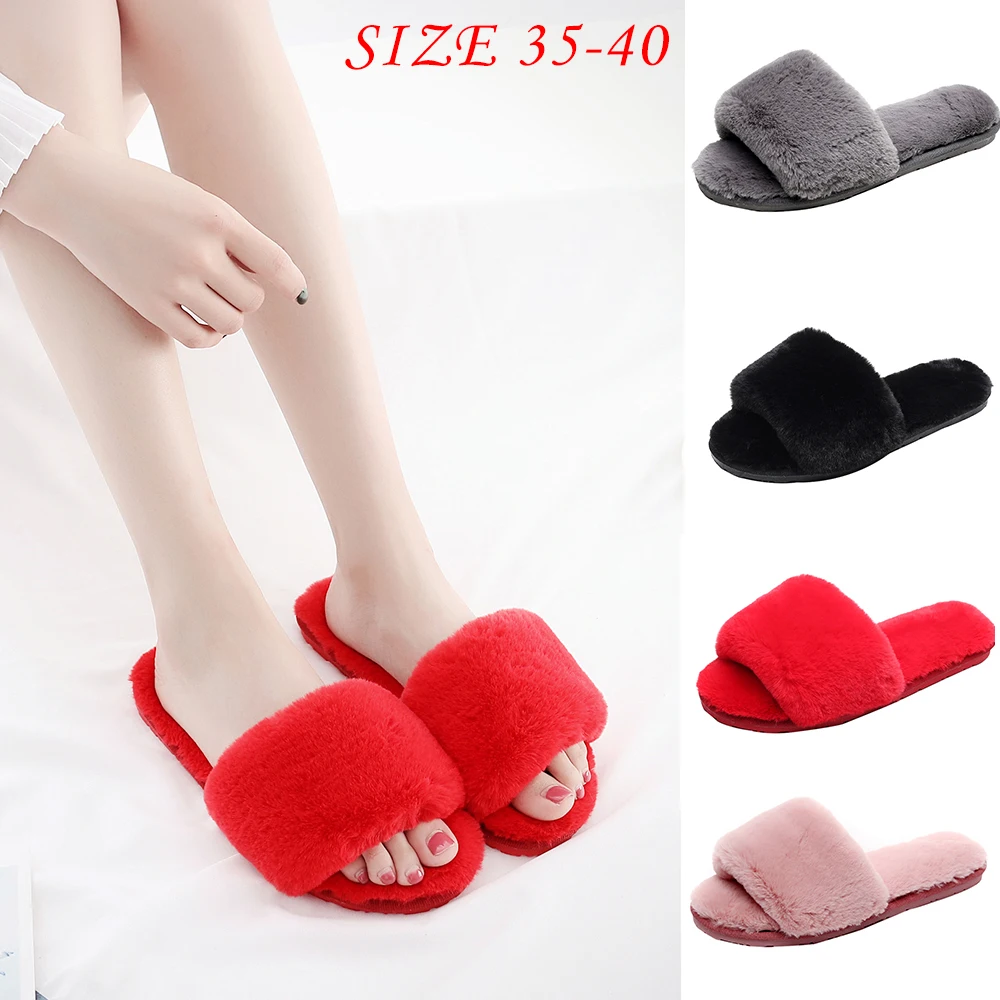 

Women Fur Slippers winter warm Home Indoor Plush Slippers Ladies Anti-Slippery pink Shoes Outdoor flat Slipper chaussures femme