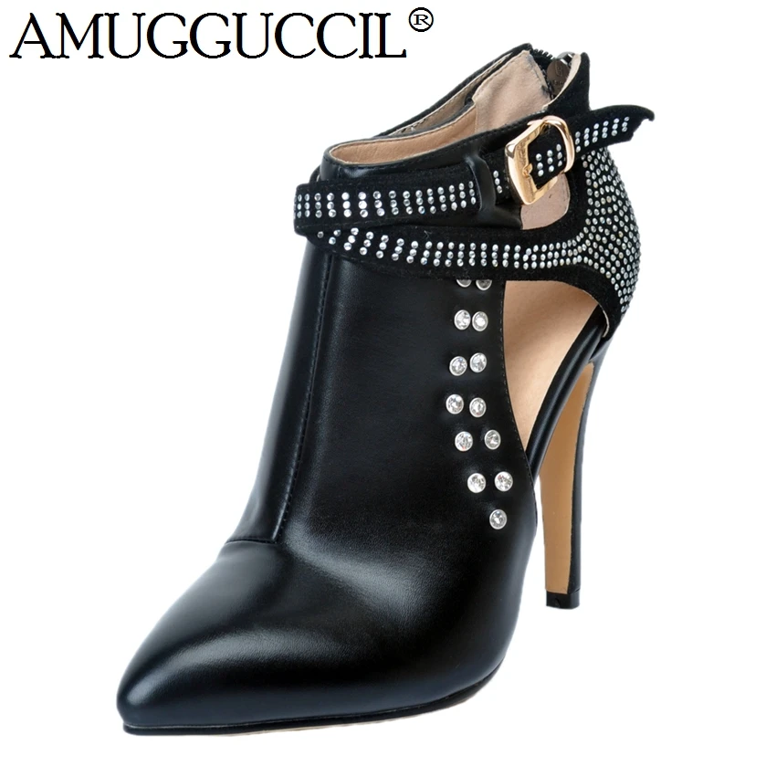 2019 New Plus Big Size 34-47 Black White Buckle Crystal Fashion Sexy High Heel Spring Autumn Lady Female Ankle Women Boots X1631