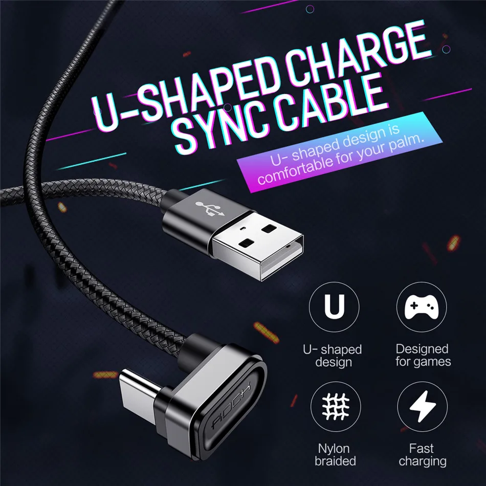 Игровой кабель ROCK usb type-C для samsung Galaxy S10 S8 S9 Plus, 1 м, 2 м, u-образный кабель type-C для зарядки, USB C, шнур для передачи данных для huawei, Xiaomi