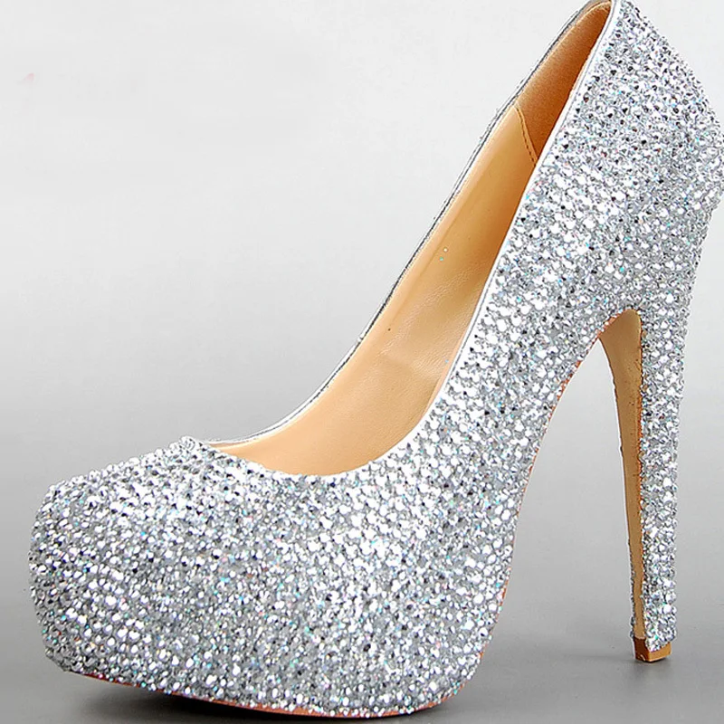 silver evening shoes with rhinestones