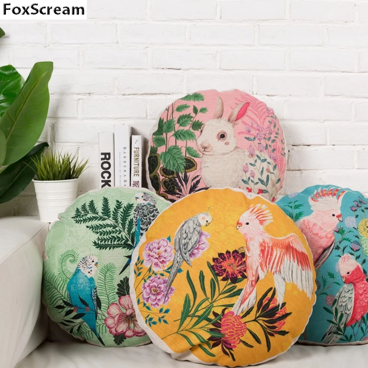 Подушка с птицей круглая подушка Декоративные подушки цветочный чехлы на подушки для дома Декор синий розовый синий льняной диван