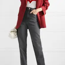 Женская Высокая уличная мода темно-серые черные джинсы для мам свободные хлопковые брюки с карманами пояс петли империя талии