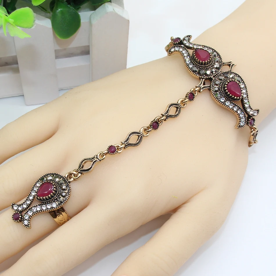 Luxuries Turkish Women Tulips Flower Bracelet Ring Set Resin Jewelry Antique Gold Color India Dance Wedding Secret bijouterie - Image 2