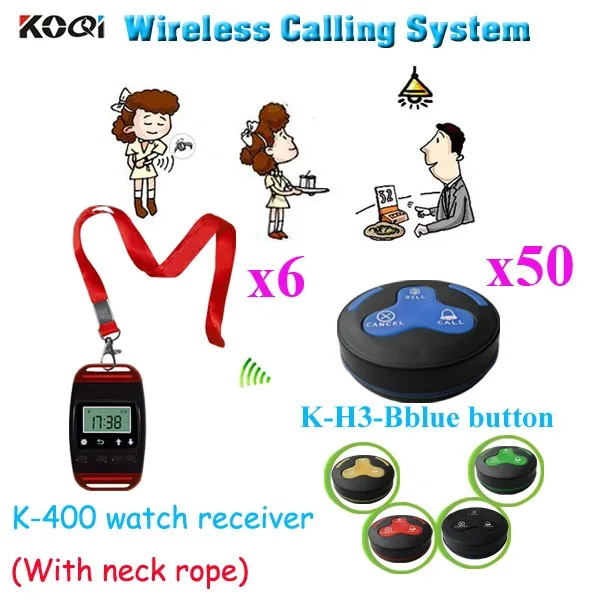 K-400+K-H3-bblue 6+50 Wireless Waiter Calling Systems Cheapest Call Restaurant Pager 50pcs Buzzer  Pagers Bells And 6 Smart Watch Wrist