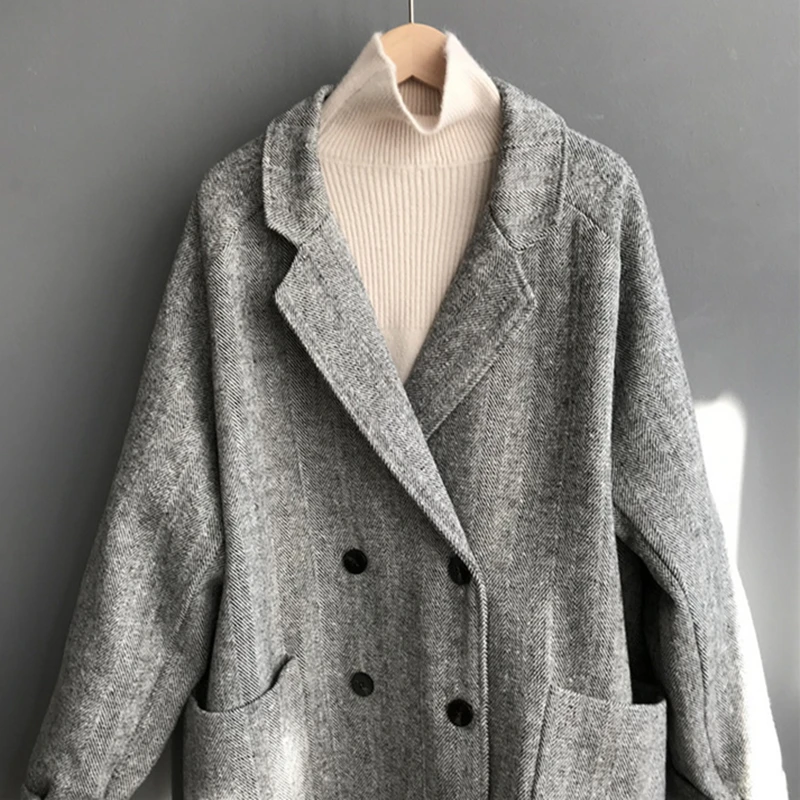 Winter Wool Herringbone Blazers Coats Blouble Breasted