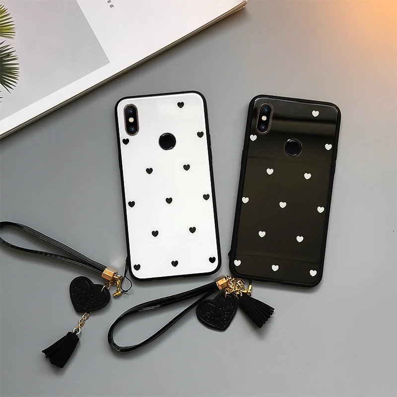 Стеклянный чехол для Xiaomi Redmi Note 8 7 6 5 Pro Love Heart Lanyard Жесткий Чехол S2 Wristband Couqe Capa |