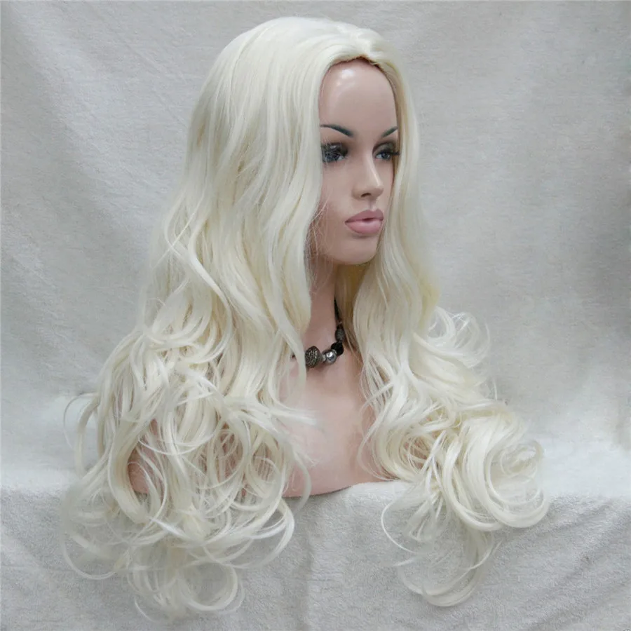 E-233 #614 new fashion sexy no bangs skin top 26 white blonde long wavy synthetic full wig (2)
