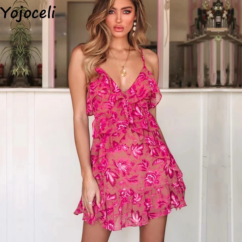 Yojoceli, сексуальный сарафан с рюшами, короткий ремень, летнее шифоновое женское повседневное пляжное платье, вечерние, на каждый день, элегантное мини платье vestidos