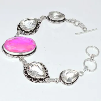 

White Topas & Rainbow Topas Bracelet Silver Overlay over Copper, 19.5cm , B2968
