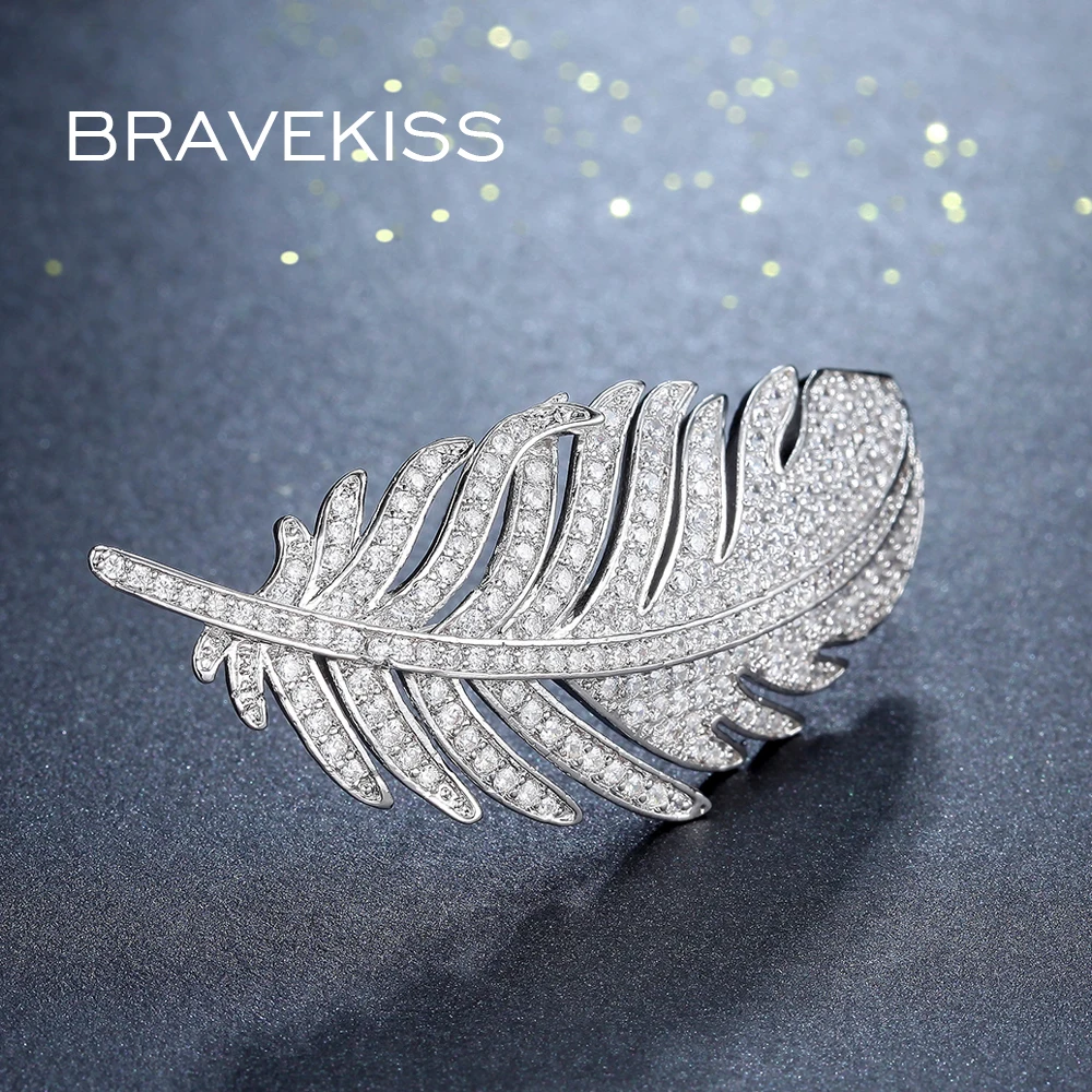 BRAVEKISS шпильки с перьями и броши для женщин Femme Pave Cublic циркония свадебные Brautiful лист бижутерия броши BUX0002