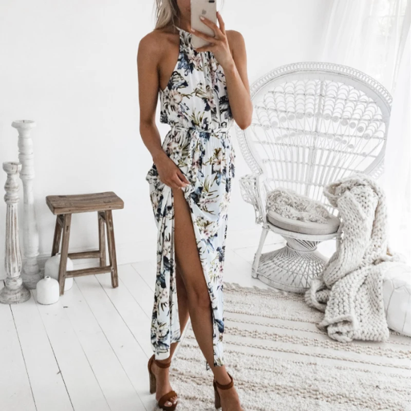 

2019 Hot Sell Party Dress Women Halter Neck Sexy Cross Back Wrap High Slit Summer Dresses Elegant Club Long Beach Holiday Dress