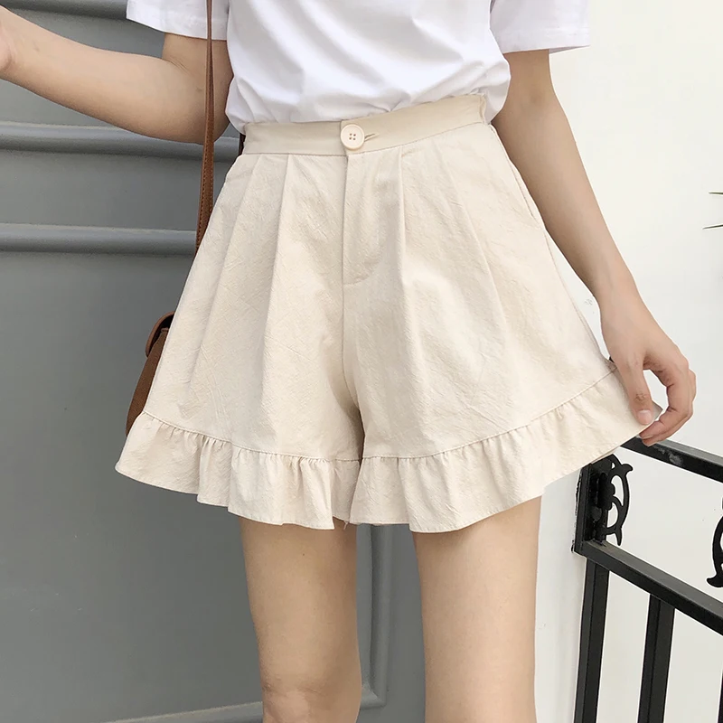 2018 Summer New Cotton Shorts Female Wide Leg Shorts High Waist Shorts Women Elastic Waist Fashion Ruffles Solid Pink Apricot 2018 Summer New Cotton Shorts Female Wide Leg Shorts High Waist Shorts Women Elastic Waist Fashion Ruffles Solid Pink Apricot