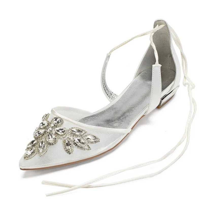

Comfort Flat Rhinestones Wedding Shoes for Bride Pointed Toe Ankle Strap Air Mesh Wedding Bridal Dress Flats
