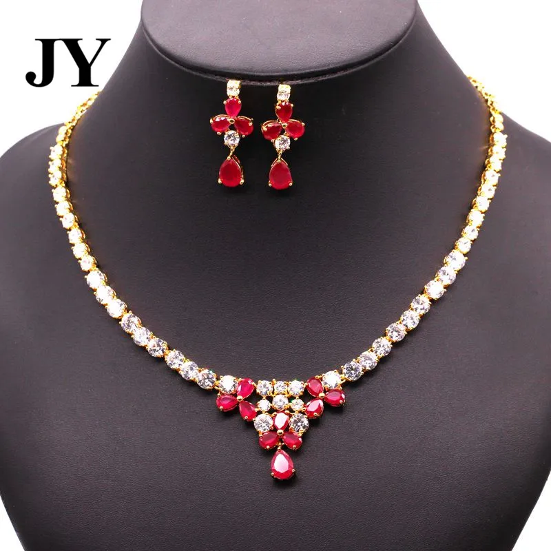 JY New Fahsion Gold Color Red Stone Party Earring Elegant Necklace Charm VintageBest Love Gift For Friend Luxury Jewelry Set JY New Fahsion Gold Color Red Stone Party Earring Elegant Necklace Charm VintageBest Love Gift For Friend Luxury Jewelry Set