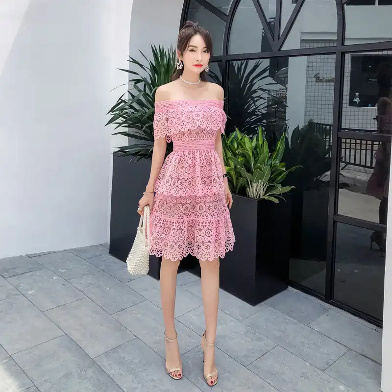 pink ruffle off the shoulder dress