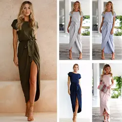 2019 летние новые женские платья модные хлопковые тонкие пляжные платья туника с коротким рукавом Пояса Сплит шов Асимметричный Vestidos