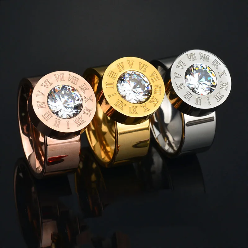 

New Arrive Trendy Exchange 7 Colors Big CZ Stone Ring 316l Roman Numeral Stainless Steel Rings Female Valentine's Day