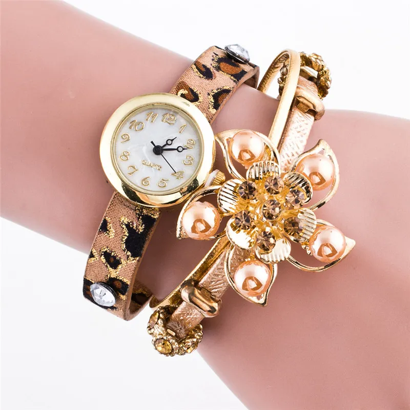 

WATCHES 2017 Fashion Pearl Flowers Leopard Bracelet Pendant Watch Color Leopard Rhinestone Women Jewelry Watches Free Shipping