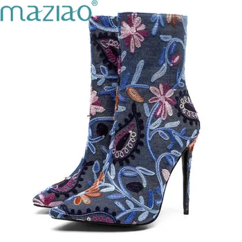 

Women Boots Denim Pointed Toe Short Plush Super High Heel Sexy Winter Boots Women Warm Snow Shoes MAZIAO